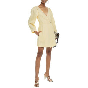 BAUM UND PFERDGARTEN 100% Linen Abrial Wrap Dress Size 44/L-XL Yellow Buttons